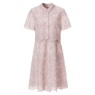 VGRASS维格娜丝夏季全身定位蕾丝刺绣粉红色社交约会假两件连衣裙