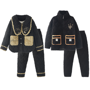 2025新款情侣睡衣加绒加厚保暖家居服可外穿冬季三层夹棉超厚省服