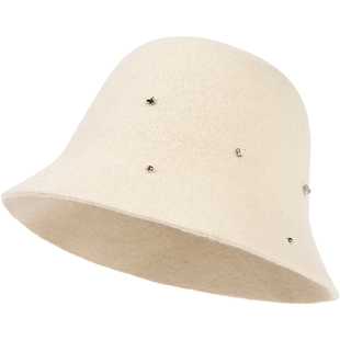 siggi 纯羊毛渔夫帽女秋冬千金穿搭可折叠显脸小针织盆帽亮银纽扣