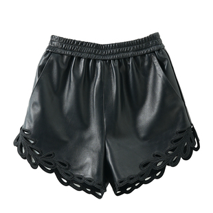 欧货2025新款法式设计感镂空刺绣小羊皮真皮短裤女高腰显瘦休闲裤