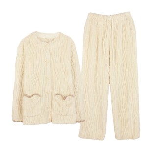 朵朵可可专柜款保暖毛绒睡衣女秋冬季圆领暗条纹珊瑚绒家居服套装