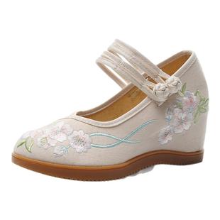 淡雅古风汉服鞋子七厘米高跟女鞋老北京布鞋民族风绣花鞋女舞蹈鞋