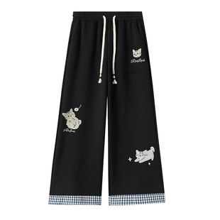 胖女童卡通风绣花加绒阔腿裤女大童松紧腰抽绳卫裤休闲学生运动裤