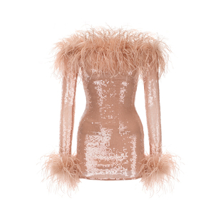 NanaJacqueline一字肩毛毛亮片短款连衣裙女新款party轻礼服新年