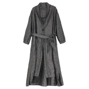 知笔墨秋款复古文艺石磨洗亚麻成衣染色青灰色风衣 宽松系带外套