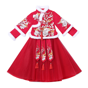 拜年服女童汉服儿童古装旗袍加绒冬季唐装红色新年装加厚冬款套装