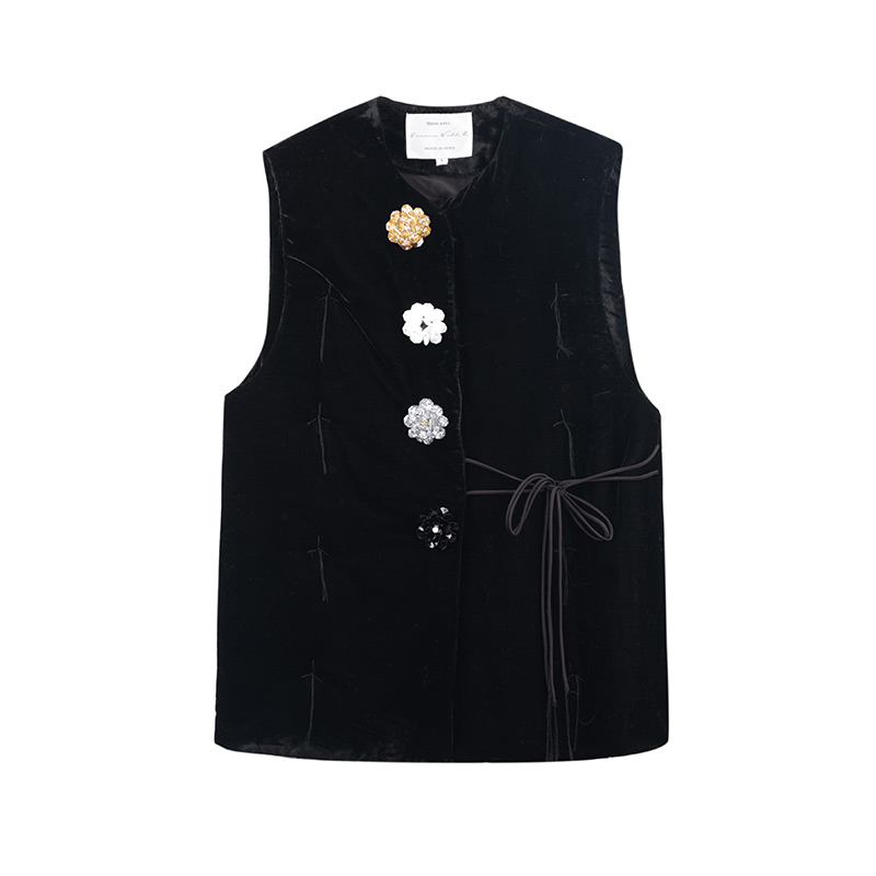 SourceWithU 挚爱中古 复古定制纽扣丝绒马甲高级感小众黑色棉服