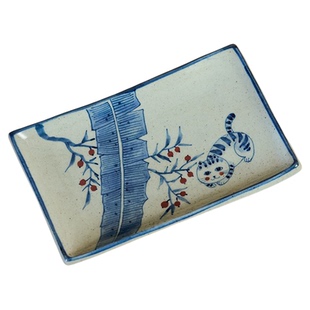 景德镇青花釉下彩手绘猫咪陶瓷果盘长方形盘子零食盘干果盘茶点盘