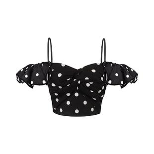 Mummy Cat 下蛋喵【球花】优雅复古黑白波点荷叶边吊带抹胸上衣