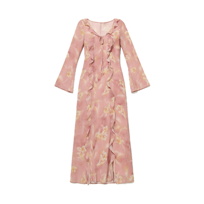 DPLAY粉色印花连衣裙女2026年春季新款U领荷叶边时髦气质长裙女