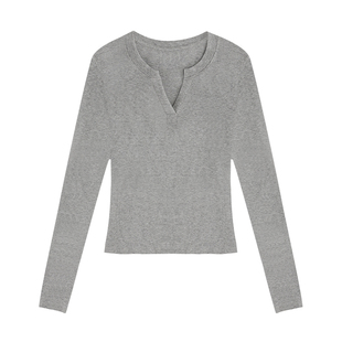 pusumede 周末之约 黑色v领长袖T恤女内搭打底针织衫修身显瘦上衣