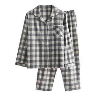 日式无印风格子睡衣男女春秋冬季纯棉磨毛绒布长袖情侣家居服套装