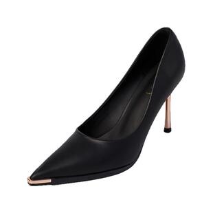 牛皮版~苏妃妃金属鞋头防踢尖头通勤气质黑色高跟鞋女细跟职业鞋