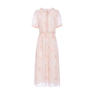 JESSIE优雅印花连衣裙女短袖收腰显瘦花边领雪纺中长裙26夏季新款