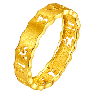谁羽珠宝 3D硬金六字真言戒指黄金大明咒男女款字母戒指足金戒子