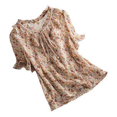 夏季小众法式短袖小碎花雪纺衫