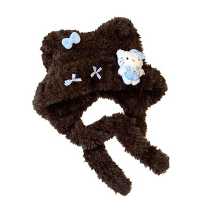 可爱kt猫玩偶小熊白色毛绒帽子女冬季雷锋帽保暖护耳毛茸茸套头帽