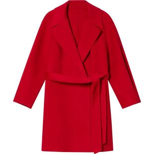 LK BENNETT蕉红色绵羊毛双面呢大衣冬新款插肩袖腰带设计