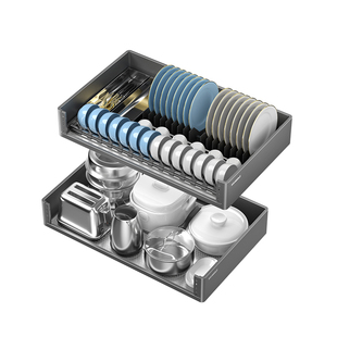 悍高橱柜拉篮铝合金双层抽屉式碗篮内置碗架304不锈钢收纳碗碟篮