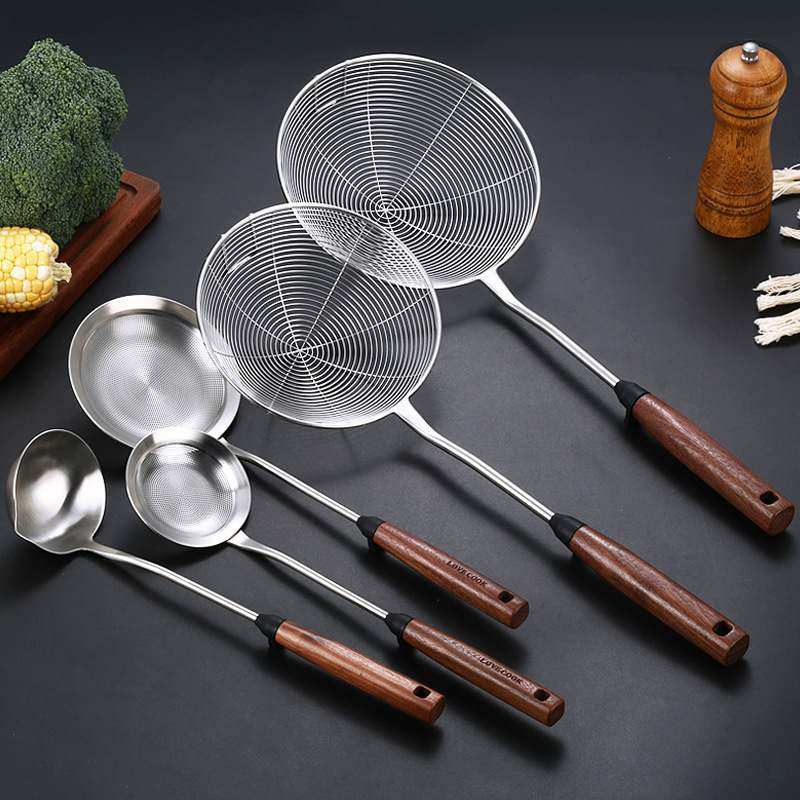 304不锈钢炒菜铲子汤勺大柄花椒风蘑菇勺轻奢套装漏勺胡桃木铲
