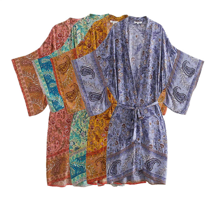 度假风休闲百搭时尚女装印花和服外套 春夏新款高腰系带开衫4色