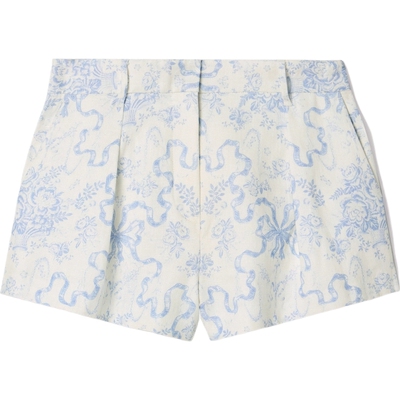 LoveShackFancy 春夏女褶裥印花亚麻短裤休闲裤