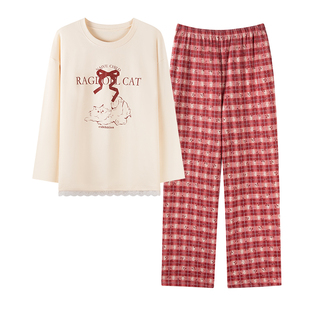 卡之恋睡衣秋女款2025新款冬季长袖加厚纯棉可爱格子裤红色家居服