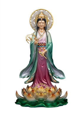 黄铜彩绘莲花南海观音神像摆件