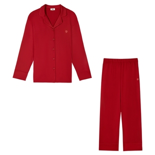 爱美丽新年有钱花牛奶丝印花睡衣女本命年红色家居服套装可外穿秋