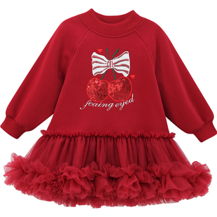 女童加绒连衣裙冬装2025新款儿童蓬蓬网纱公主裙洋气小女孩卫衣裙