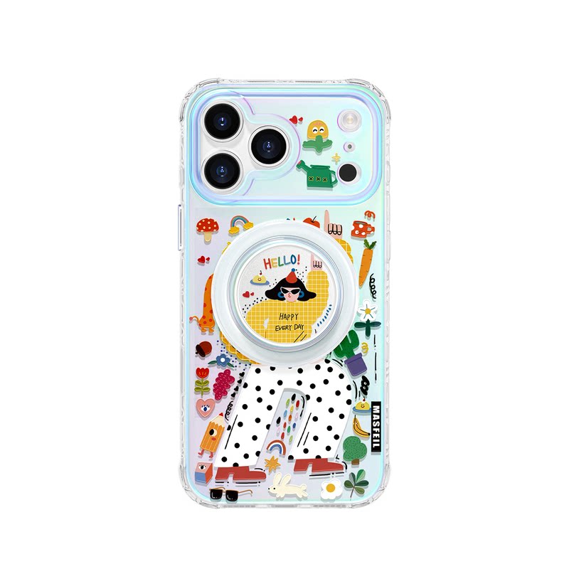 MASFEIL× 我很快乐适用iPhone17Promax手机壳新款ip17磁吸带支架苹果16Pro套Jo9网红可爱的高级感17pm全包女