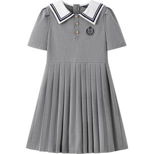 eland kids衣恋童装女童连衣裙夏季学院风百褶裙大翻领演出礼服