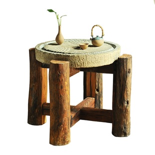 石磨茶盘茶海老磨盘茶台旧石器庭院摆件户外木架组合磨片石桌石凳