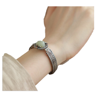 S925纯银手镯南红新中式国风和田白玉貔貅铜钱手链复古民族风手环