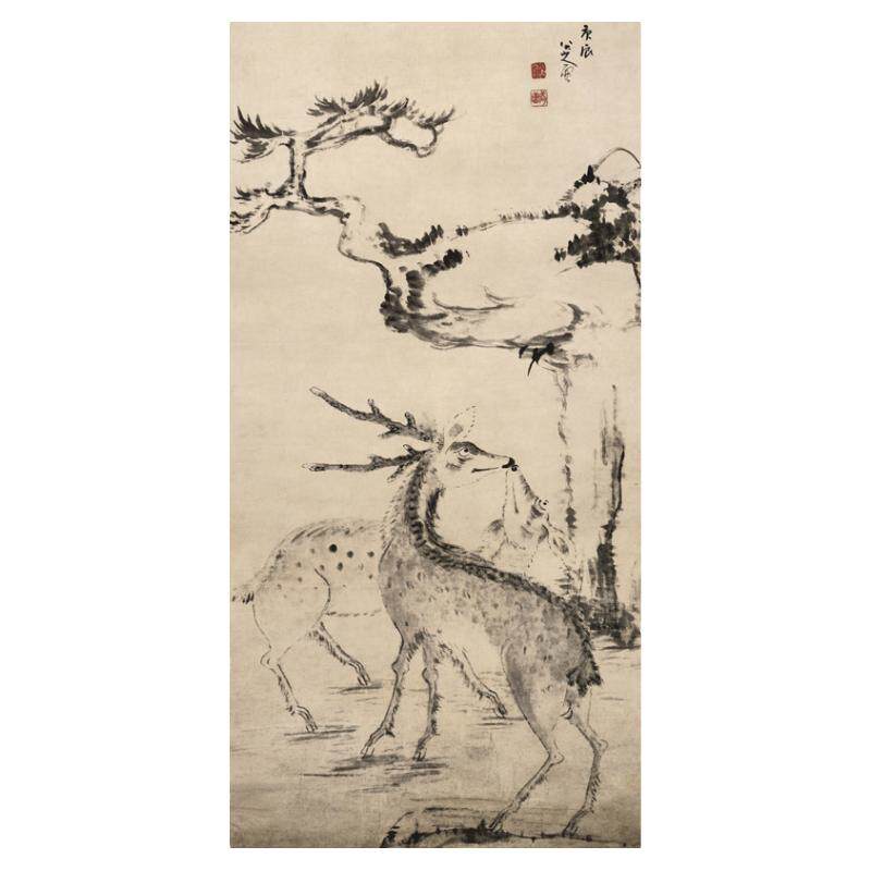 八大山人朱耷国画真迹松树双鹿图复古字书挂画动物竖幅高清复制品