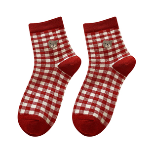 本命年红袜子女中筒棉袜秋冬可爱日系ins潮韩版卡通小熊甜美长袜