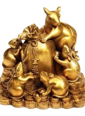 黄金袋鼠办公区五鼠运财黄铜摆件