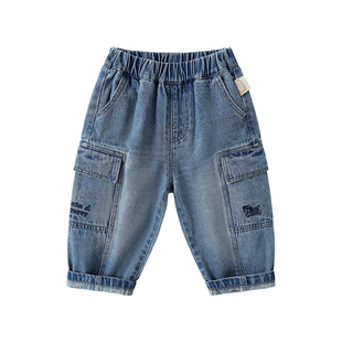 咔咔熊猫男童休闲牛仔裤春装儿童卡通工装裤春季童装宝宝长裤春款