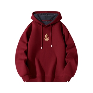 猫人加绒卫衣男款马年本命年衣服冬加厚国风印花落肩连帽外套男J