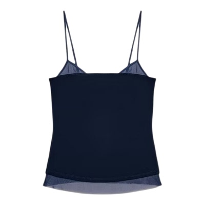 高弹力叠层拼接绢网吊带上衣