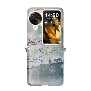 春雨桃花适用小米mixflip折叠手机壳带挂绳斜挎可背pocket2皮纹findn3外壳防摔magicvflip中轴保护zflip6/5