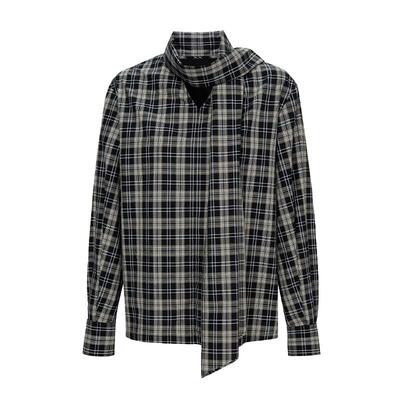 复古格纹围巾V字领廓形衬衫