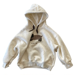 【中童100-150码】小狗印花连帽卫衣男女童冬加厚绒韩版点点帽衫