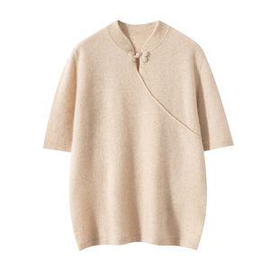 新中式立领山羊绒衫女短袖盘扣针织衫优雅柔软上衣内搭