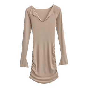 YoungGirlDay纯欲风性感V领紧身显瘦褶皱长袖打底连衣裙包臀短裙