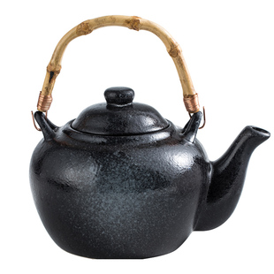 日式大茶壶杯壶套装饭店餐厅竹编手提陶瓷水壶泡茶壶复古提梁单壶