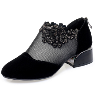 镂空女鞋夏季薄款网纱单鞋中跟粗跟时尚中年妈妈软底跳舞鞋真皮鞋