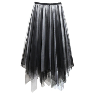 秋冬绝美独特垂感黑色不规则纱裙半身裙女2025新款网纱裙子长裙