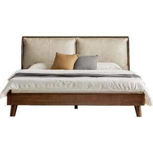 源氏木语全实木床黑胡桃双人床1米5床主卧大床真皮软包床K35B13新