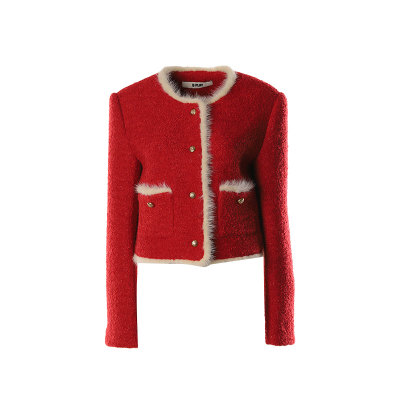 DPLAY编织粗花呢红色圆领外套